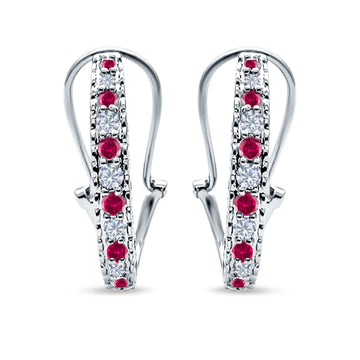 Half Eternity Heart Huggie Hoop Earrings Round Simulated Ruby CZ 925 Sterling Silver (18mm)